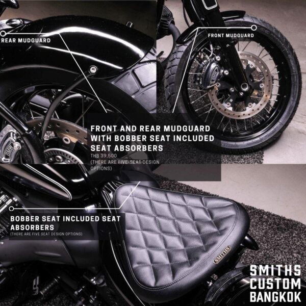 FRONT AND REAR MUDGUARD WITH BOBBER SEAT INCLUDED SEAT ABSORBERS (THERE ARE FIVE SEAT DESIGN OPTIONS)